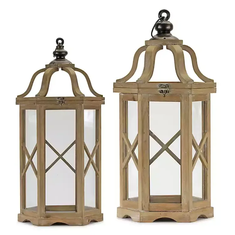 Clearance Natural Wood X-Frame Lanterns, Set of 2 Lanterns
