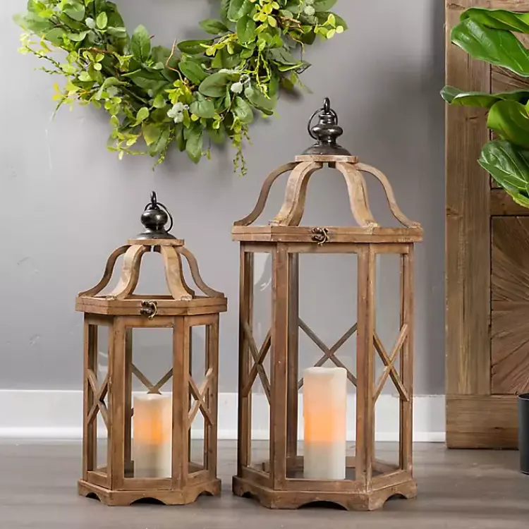 Clearance Natural Wood X-Frame Lanterns, Set of 2 Lanterns