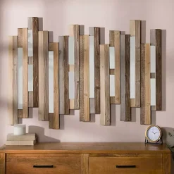 Kirklands Home Wall Plaques|Natural Wooden Planks Mirrored Wall Plaque Tan