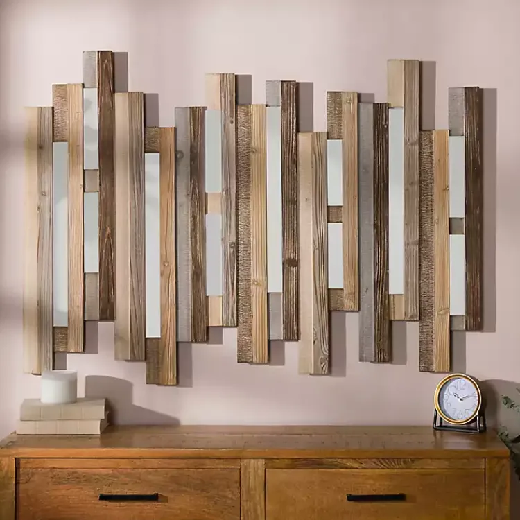 Kirklands Home Wall Plaques|Natural Wooden Planks Mirrored Wall Plaque Tan