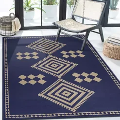 Kirklands Home Area Rugs|Navy and Tan Kilim Washable Area Rug, 5x7