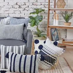 Sale Navy and White Stripe Fringe Throw Pillow Pillows