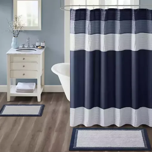Kirklands Home Bathroom Rugs|Navy Border Cotton Bath Mat, 20x30 Blue