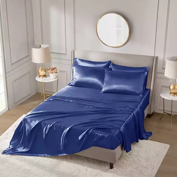 Kirklands Home Bed Sheets|Navy Blue Satin 6-pc. California King Sheet Set Gray