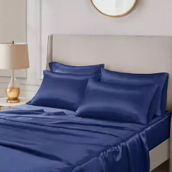 Kirklands Home Bed Sheets|Navy Blue Satin 6-pc. California King Sheet Set Gray