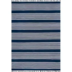 Kirklands Home Area Rugs|Navy Blue Striped Tassel Cotton Area Rug, 8x10