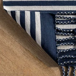 Kirklands Home Area Rugs|Navy Blue Striped Tassel Cotton Area Rug, 8x10