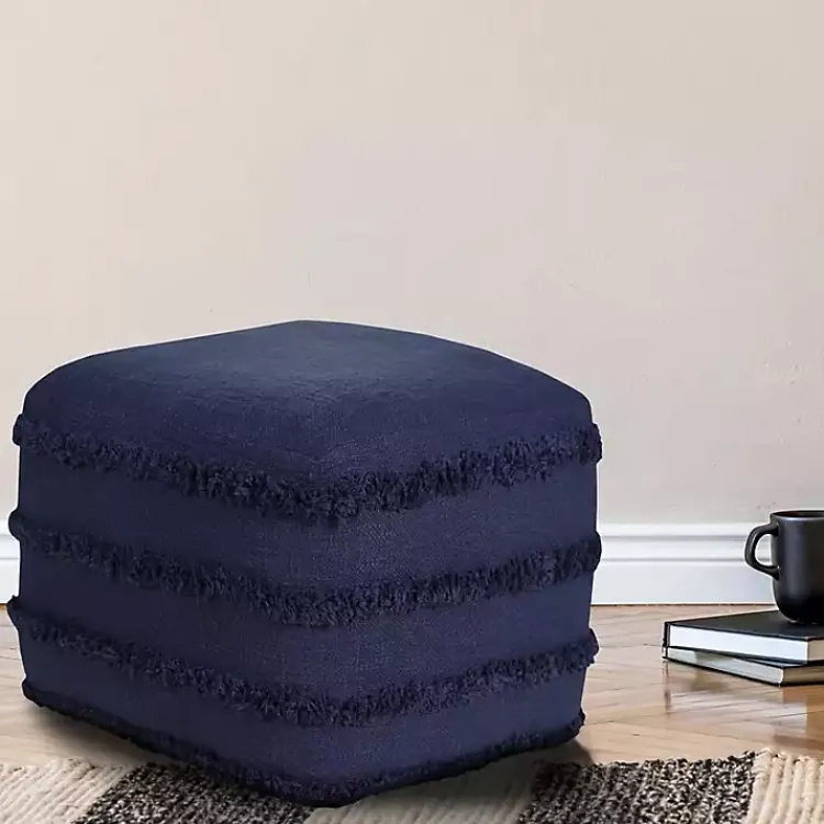 New Navy Tufted Stripe Cotton Square Pouf Poufs & Floor Cushions