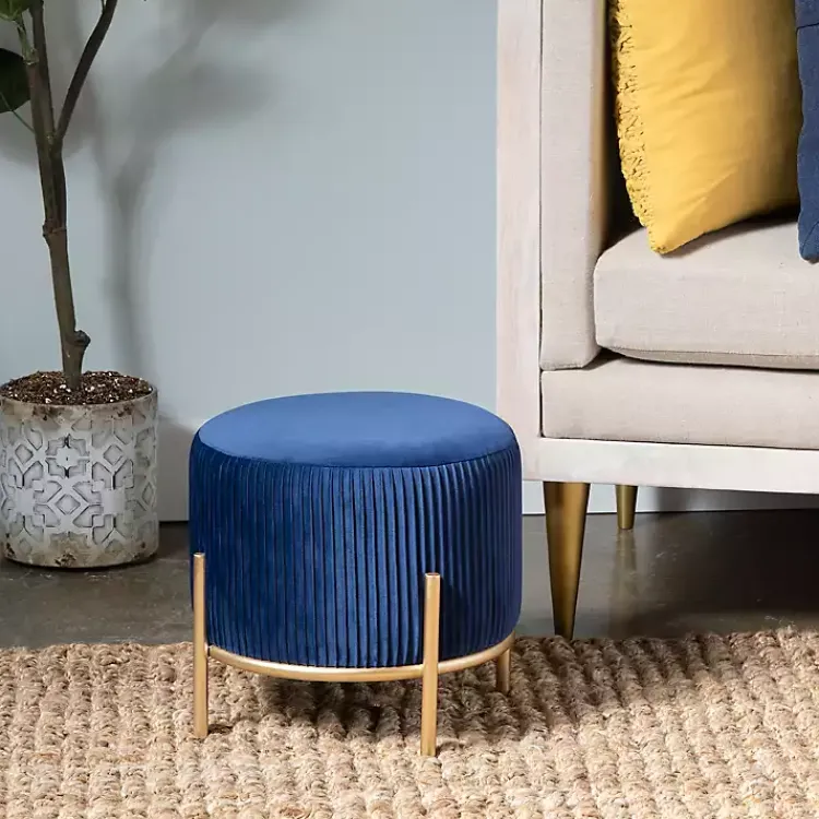 Kirklands Home Benches & Ottomans|Navy Velvet Upholstered Round Ottoman Blue