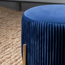 Kirklands Home Benches & Ottomans|Navy Velvet Upholstered Round Ottoman Blue