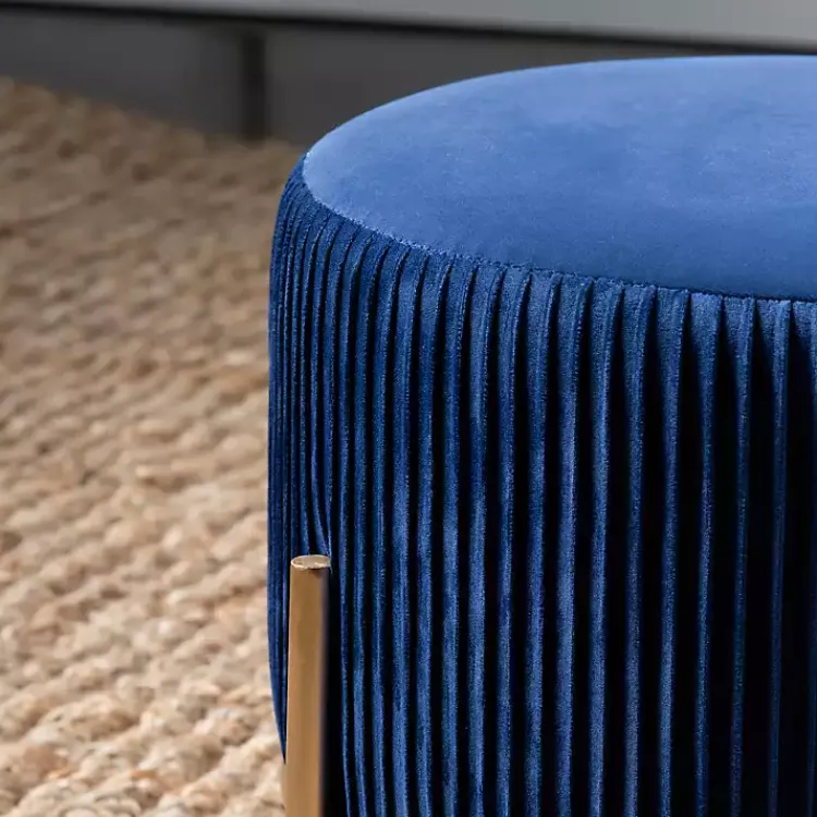 Kirklands Home Benches & Ottomans|Navy Velvet Upholstered Round Ottoman Blue
