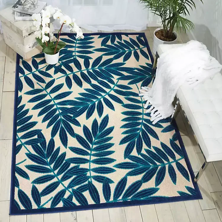 Kirklands Home Outdoor Rugs|Navy Botanical Leaves Outdoor Area Rug, 9x13