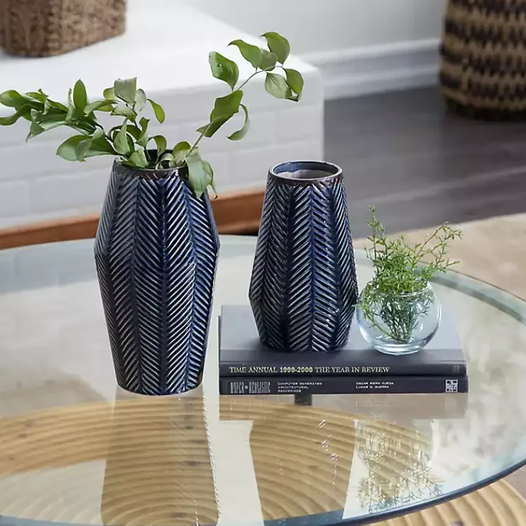 Best Navy Carved Chevron Ceramic Vases, Set of 2 Vases