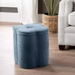 Kirklands Home Benches & Ottomans|Navy Chenille Flower Storage Ottoman Blue