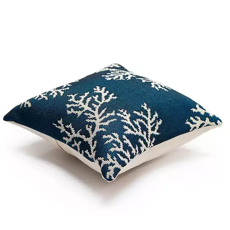 Kirklands Home Outdoor Cushions & Pillows|Navy Coral Woven Outdoor Throw Pillow