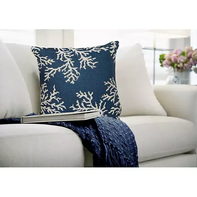 Kirklands Home Outdoor Cushions & Pillows|Navy Coral Woven Outdoor Throw Pillow