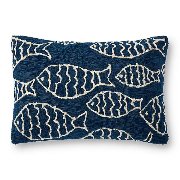 Kirklands Home Outdoor Cushions & Pillows|Navy Embroidered Fish Outdoor Lumbar Pillow