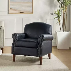 Kirklands Home Accent Chairs|Navy Faux Leather Nailhead Taylor Armchair Blue