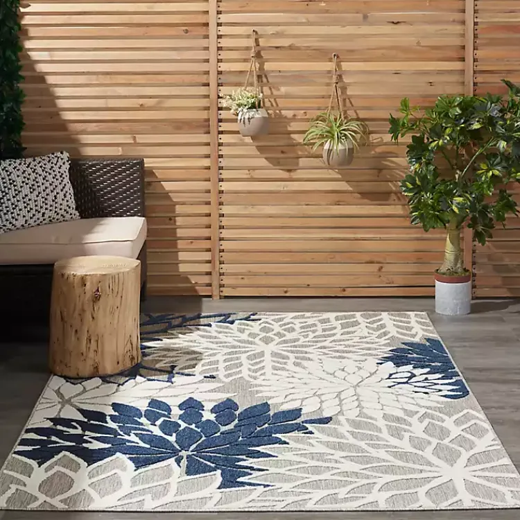 Kirklands Home Outdoor Rugs|Navy Floral Burst Outdoor Area Rug, 5x7