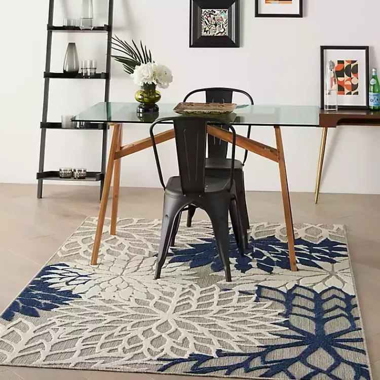 Kirklands Home Outdoor Rugs|Navy Floral Burst Outdoor Area Rug, 5x7