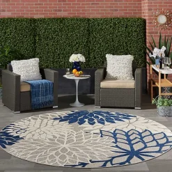 Kirklands Home Outdoor Rugs|Navy Floral Burst Round Outdoor Area Rug, 7x7