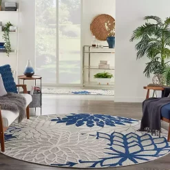 Kirklands Home Outdoor Rugs|Navy Floral Burst Round Outdoor Area Rug, 7x7