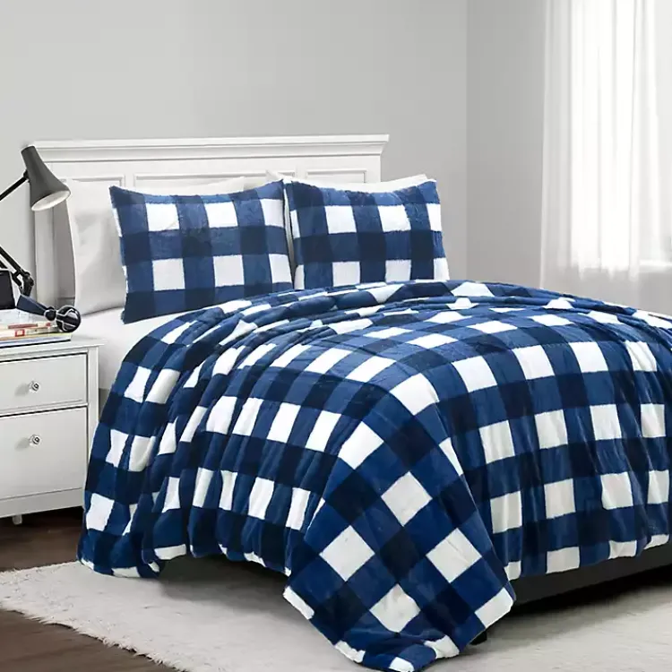 Kirklands Home Comforters|Navy Plaid Faux Fur 3-pc. King Comforter Set