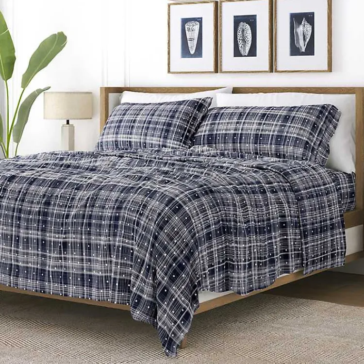 Kirklands Home Bed Sheets|Navy Plaid Polka Dot 3-pc. Twin Sheet Set Blue