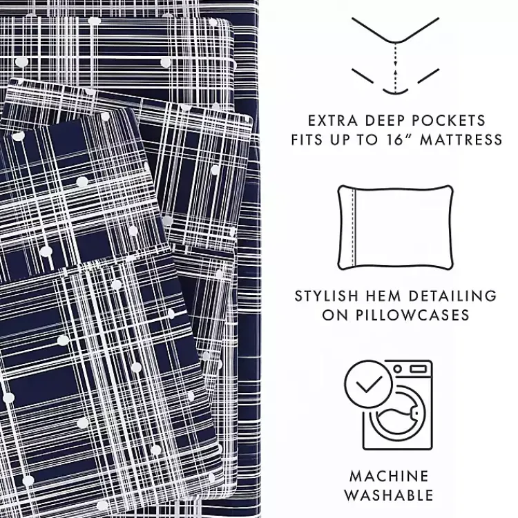 Kirklands Home Bed Sheets|Navy Plaid Polka Dot 3-pc. Twin Sheet Set Blue