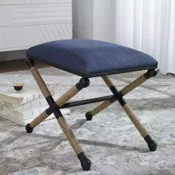 Kirklands Home Benches & Ottomans|Navy Seat and Black Metal Ottoman Blue