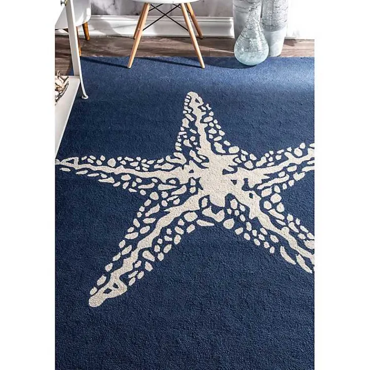 Kirklands Home Outdoor Rugs|Navy Starfish Hooked Indoor/Outdoor Area Rug, 5x8