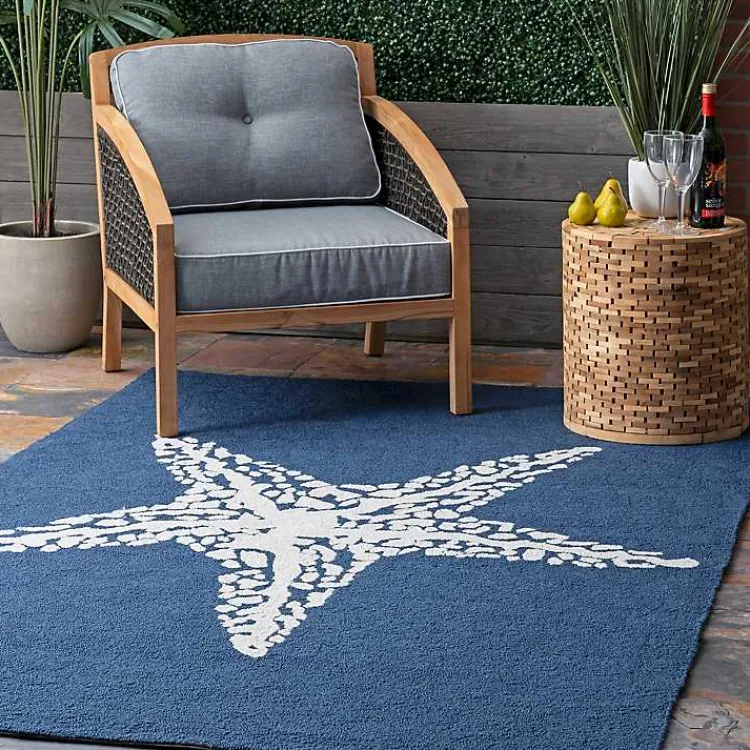 Kirklands Home Outdoor Rugs|Navy Starfish Hooked Indoor/Outdoor Area Rug, 7x9