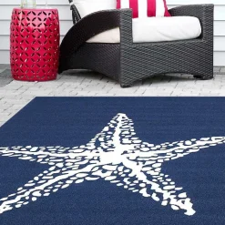 Kirklands Home Outdoor Rugs|Navy Starfish Hooked Indoor/Outdoor Area Rug, 7x9