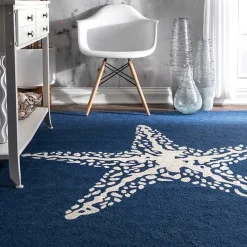 Kirklands Home Outdoor Rugs|Navy Starfish Hooked Indoor/Outdoor Area Rug, 7x9