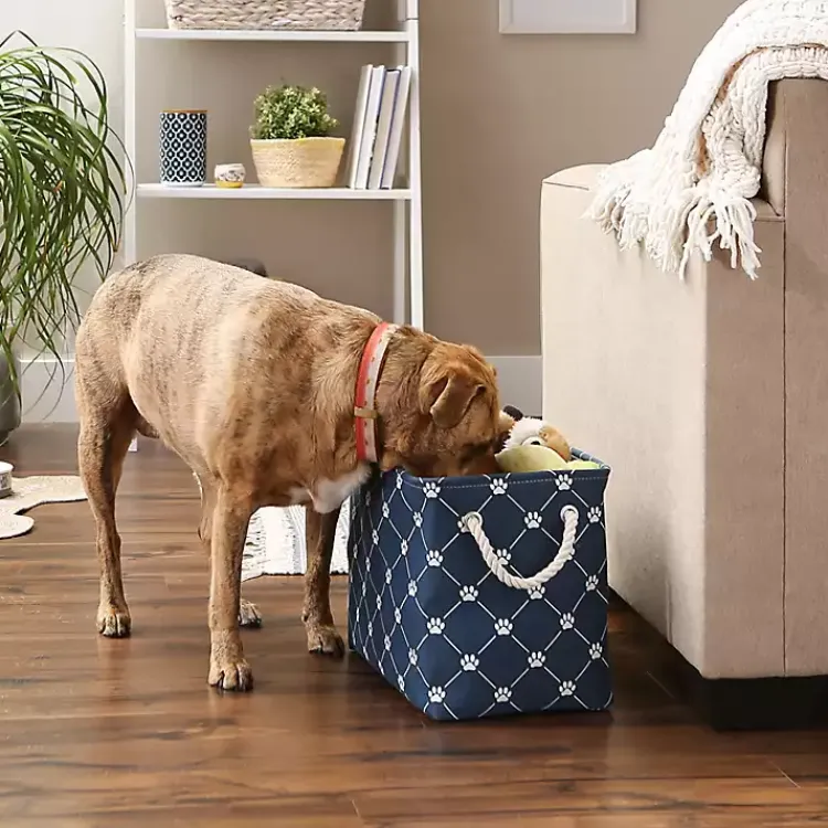 Sale Navy Trellis Paw Print Storage Basket, 16 in. Baskets & Boxes