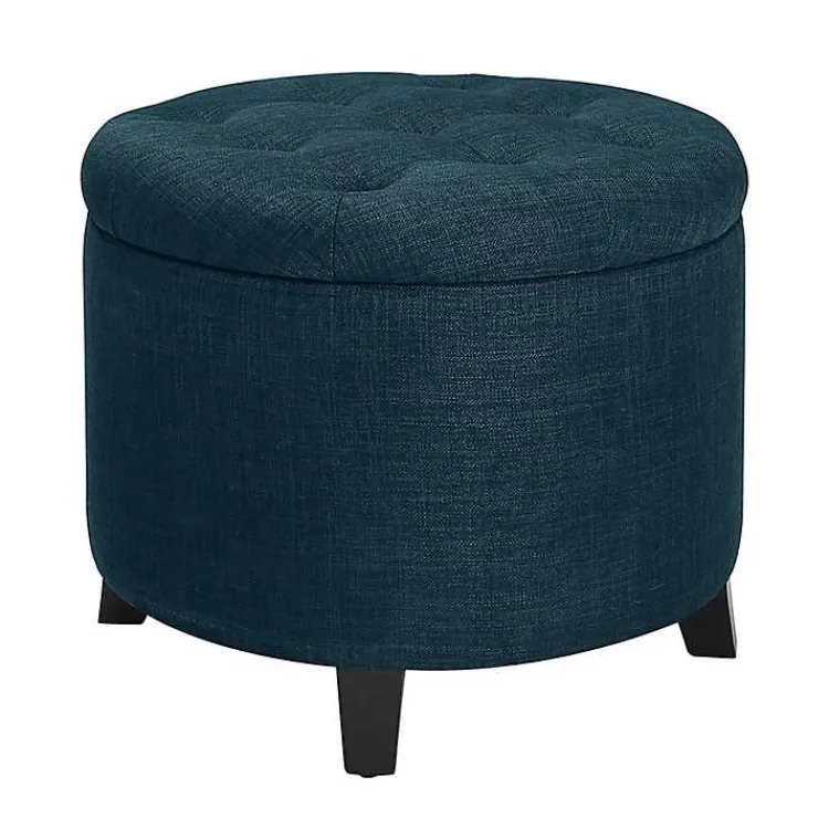 Kirklands Home Benches & Ottomans|Navy Upholstered Eliza Round Storage Ottoman Blue