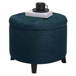 Kirklands Home Benches & Ottomans|Navy Upholstered Eliza Round Storage Ottoman Blue