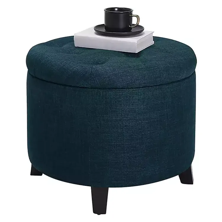 Kirklands Home Benches & Ottomans|Navy Upholstered Eliza Round Storage Ottoman Blue