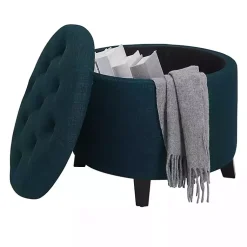 Kirklands Home Benches & Ottomans|Navy Upholstered Eliza Round Storage Ottoman Blue