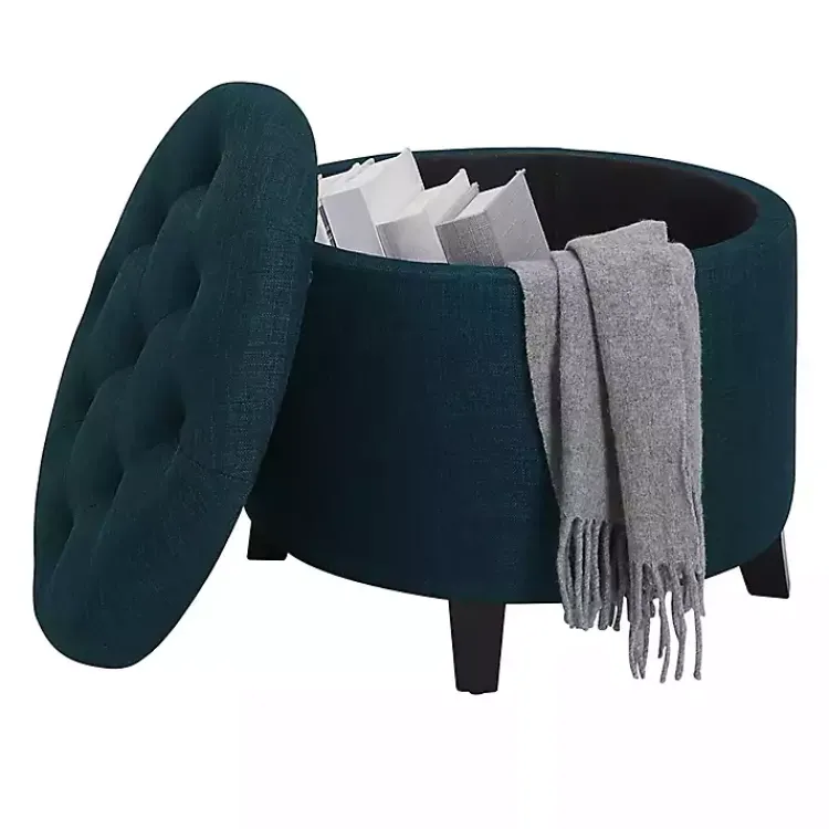 Kirklands Home Benches & Ottomans|Navy Upholstered Eliza Round Storage Ottoman Blue