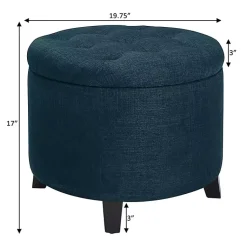 Kirklands Home Benches & Ottomans|Navy Upholstered Eliza Round Storage Ottoman Blue