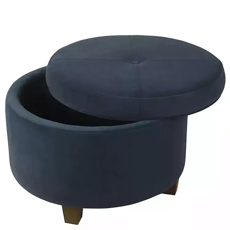 Kirklands Home Benches & Ottomans|Navy Velvet Upholstered Round Storage Ottoman Blue