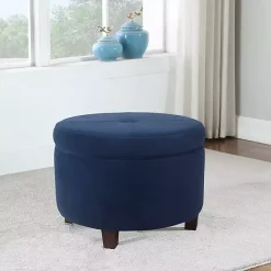 Kirklands Home Benches & Ottomans|Navy Velvet Upholstered Round Storage Ottoman Blue