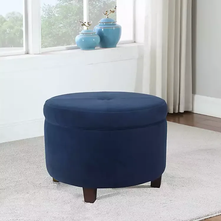 Kirklands Home Benches & Ottomans|Navy Velvet Upholstered Round Storage Ottoman Blue
