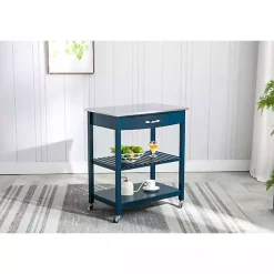 Kirklands Home Kitchen Islands & Bar Carts|Navy Wood and Stainless Steel Top Kitchen Cart Blue