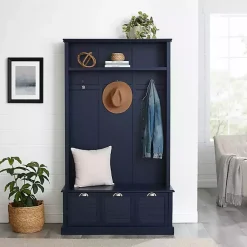Kirklands Home Entryway Furniture|Navy Wood Storage Bench Hall Tree Blue