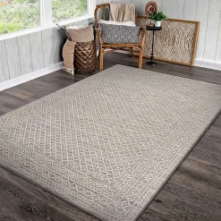 Kirklands Home Outdoor Rugs|Neutral Bordered Lattice Outdoor Area Rug, 5x7 Gray
