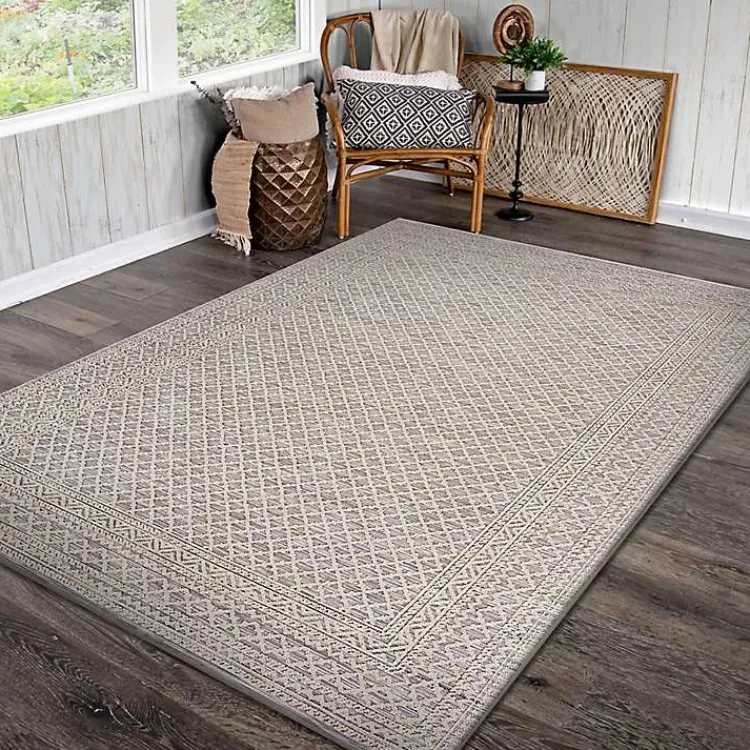 Kirklands Home Outdoor Rugs|Neutral Bordered Lattice Outdoor Area Rug, 5x7 Gray