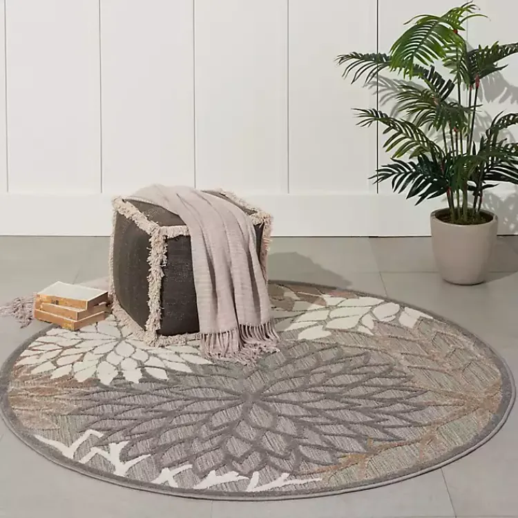 Kirklands Home Outdoor Rugs|Neutral Floral Burst Outdoor Round Area Rug, 5 ft.