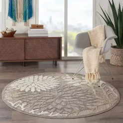 Kirklands Home Outdoor Rugs|Neutral Floral Burst Outdoor Round Area Rug, 5 ft.